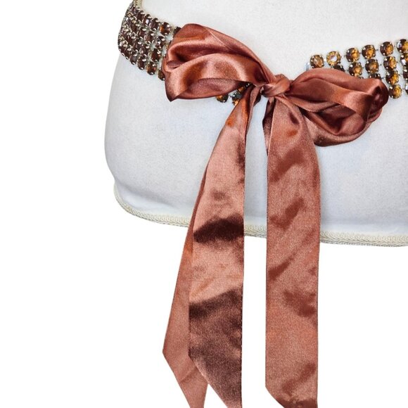 Y2K Retro Brown Rhinestone Waist Belt Multi-row Satin Tie‎ Bow Sz L XL 1X 2X - Picture 7 of 12
